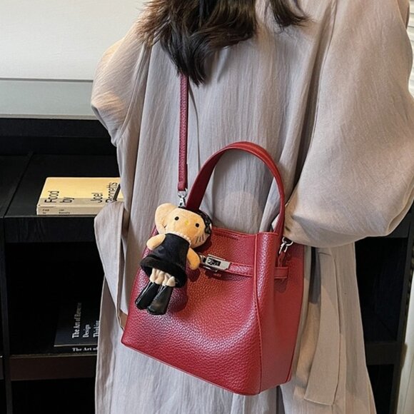 Burgundy Pebble PU Kelly Style Handbag - Picture 3 of 4